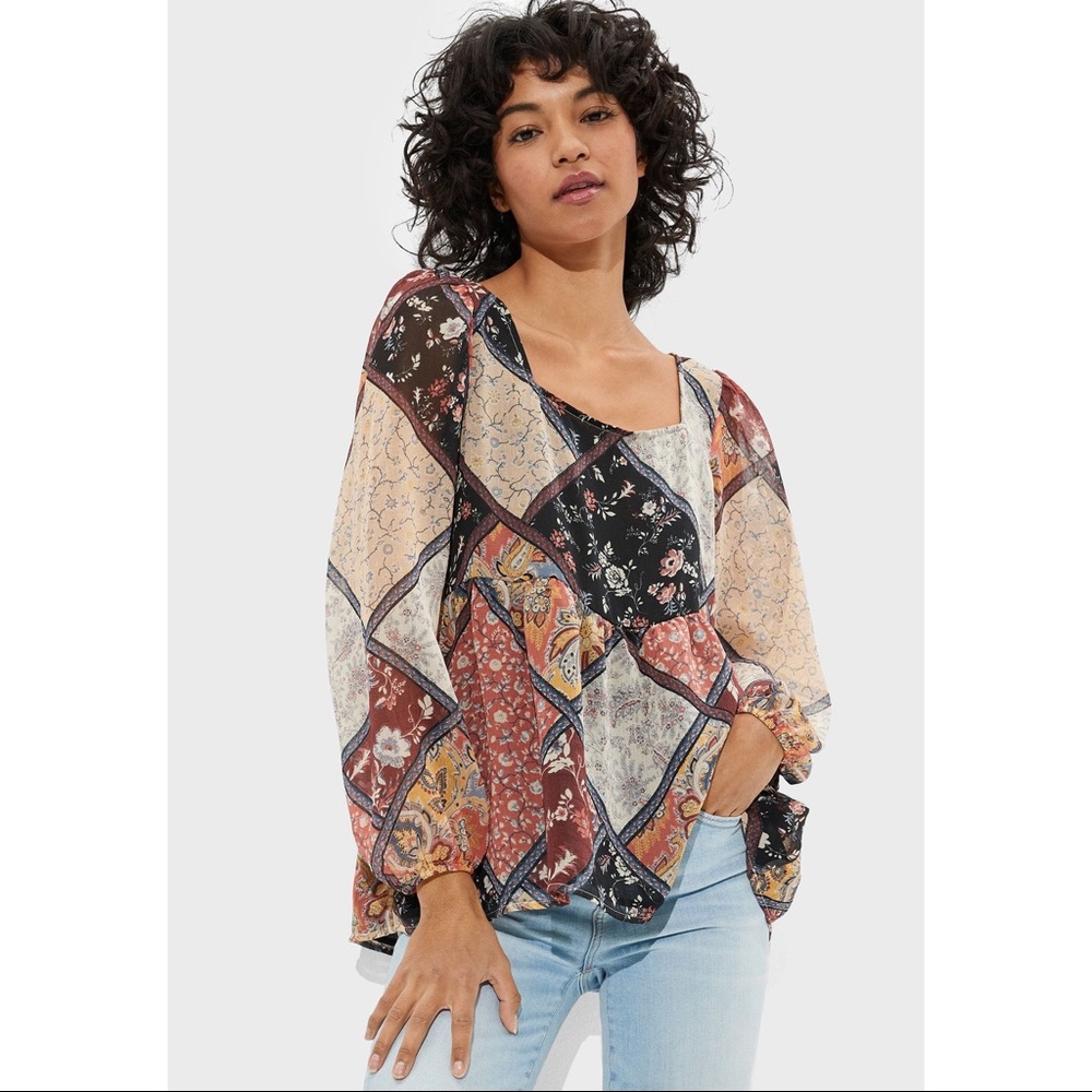 NEW American Eagle‎ Floral Square Neck Tie Back Blouse S